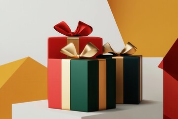 Poster - Colorful Christmas gift boxes with bright ribbons and geometric shapes are beautifully arranged against a simple backdrop. Generative AI