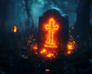 A glowing gravestone illuminated in a misty, eerie forest, casting an unsettling atmosphere of mystery and intrigue.