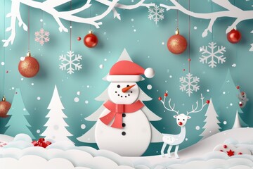 Poster - A snowman and a reindeer standing together in a snowy winter landscape