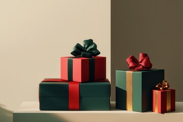 Aufkleber - Stylish Christmas gift boxes featuring geometric designs, showcased with vibrant ribbons and bows to celebrate the holiday season. Generative AI