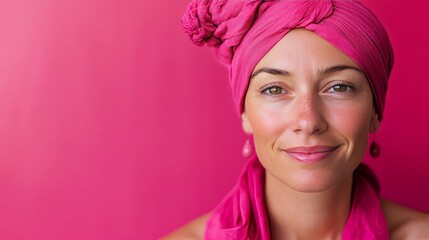 Woman in Pink Turban Smiling Against Pink Background.