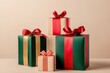 © Анатолий Сав - Four elegantly wrapped Christmas gift boxes in geometric shapes feature vibrant ribbons, creating a festive yet minimalist display. Generative AI