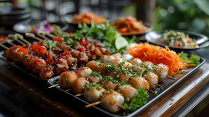 Wall Mural - A tray of food with a variety of items including carrots, broccoli, and meat