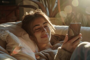 Canvas Print - A person lying in bed holding a cell phone, possibly checking notifications or playing games before sleep