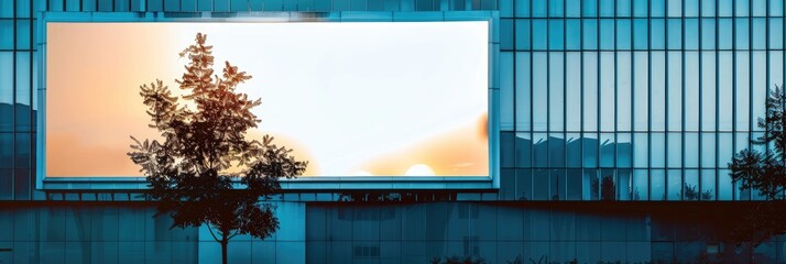 Poster - Large horizontal outdoor billboard mockup on the glass wall of a contemporary structure, featuring space for advertising display in a public setting.