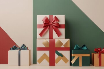 Aufkleber - Three beautifully wrapped Christmas gift boxes with vibrant ribbons and geometric patterns are stacked against a colorful backdrop. Generative AI