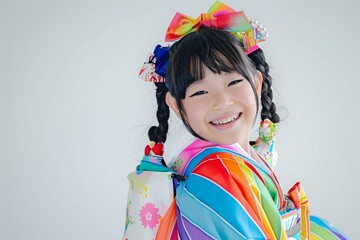 Wall Mural - A cute Japanese girl wearing a high-contrast colorful kimono and a random hairstyle poses against a white background.