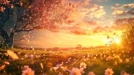 Poster - Sunset Over a Field of Flowers