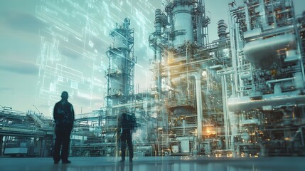 Two people standing in front of a large industrial plant. The plant is surrounded by a lot of pipes and wires. The scene is futuristic and industrial