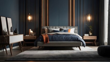 A modern bedroom with a gray bed, a white rug, and two bedside tables with lamps. The walls are dark blue with gold accents.