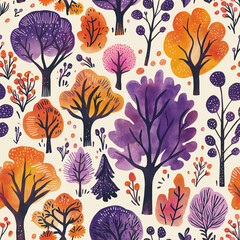 Wall Mural - Doodle drawing style trees, seamless pattern with autumn leaves