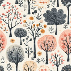 Boho style flat design seamless floral pattern and forest trees, pink, cream and navy blue colors