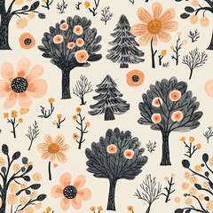 Boho style flat design seamless floral pattern and forest trees, pink, cream and navy blue colors