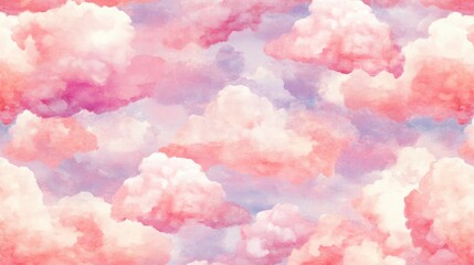 Wall Mural - Soft Pink Clouds Watercolor Morning Sky Pattern 