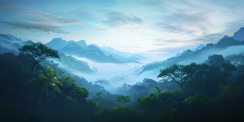 Misty mountain landscape with lush green foliage