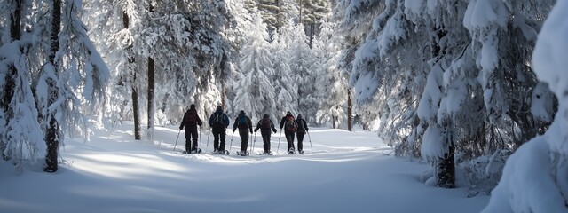 Canvas Print - Group of friends snowshoeing through a winter wonderland in a serene forest setting during a clear day