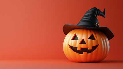 Pumpkin with Witch Hat. A grinning jack-o-lantern with a black witch hat sits against an orange background, perfect for Halloween decorations and festive designs.