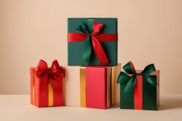 Poster - Colorful Christmas gift boxes with vibrant ribbons and bows are neatly arranged in geometric shapes, enhancing a festive atmosphere. Generative AI