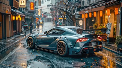 Naklejka na meble A Blue Sports Car Parked on a Wet Street in a Japanese City