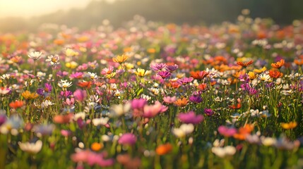 Wall Mural - A conceptual image of a vibrant field of colorful flowers in full bloom symbolizing happiness joy and tranquility  The serene pastoral scene with copy space provides a peaceful