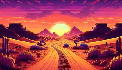 Wall Mural - Pixelated Desert Road with Sun Setting Behind Sand Dunes - a pixel art scene of a road winding to horizon. Game design asset. Graphic art 8 bit illustration background