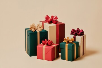 Leinwandbilder - A collection of minimalist Christmas gift boxes in various colors and geometric shapes, adorned with vibrant ribbons and bows for the holidays. Generative AI