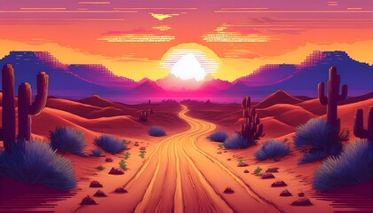 Wall Mural - Pixelated Desert Road with Sun Setting Behind Sand Dunes - a pixel art scene of a road winding to horizon. Game design asset. Graphic art 8 bit illustration. Ai Generated