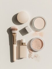 Poster - A minimalist display showcases various cosmetic products, including brushes, powder, and lipstick, all set against a light background. Generative AI