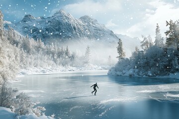 Poster - A solitary skater glides across a frozen lake surrounded by snow-covered mountains in a serene winter landscape at midday