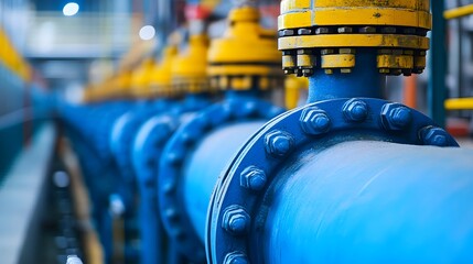 A blue pipe with yellow caps and bolts. The pipe is long and is surrounded by other pipes