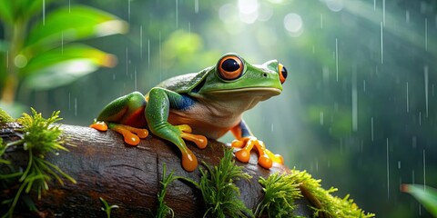 Black-eyed tree frog in a rainforest on a sunny, foggy day with rain , frog, tree frog, black-eyed, rainforest, environment, nature