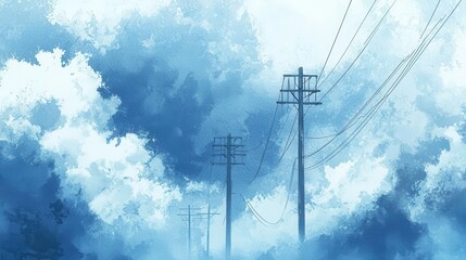 A serene blue landscape featuring power poles under a cloudy sky, evoking tranquility and contemplation