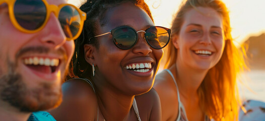 Wall Mural - Three people are smiling and wearing sunglasses. They are all wearing yellow sunglasses. Scene is happy and cheerful