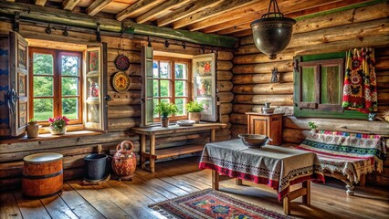 Traditional interior of a rustic old Russian countryside house, rustic, traditional, Russian, countryside, house, interior