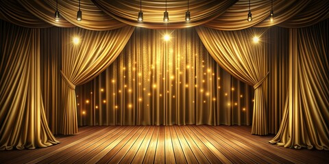 Golden theater curtains on a dark background with a wooden stage illuminated by spotlights, golden, theater, curtains