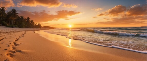 Wall Mural - Tropical Sunset Beach with Footprints in the Sand