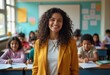 © ahmed - Young Latino Hispanic American teacher smiling in classroom on World Teachers' Day