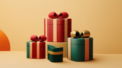 Leinwandbilder - Colorful geometric gift boxes adorned with vibrant ribbons and bows are arranged in a minimalist style for the holiday season. Generative AI