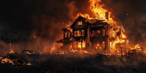 Poster - The building caught fire the house was consumed by flames during the evening and the structure was destroyed by the blaze at night