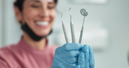 Sticker - Hands, dental and tools in clinic with dentist for teeth examination, gum treatment and mirror of diagnosis. Doctor, medical and equipment for health wellness for cleaning, safety and mouth procedure