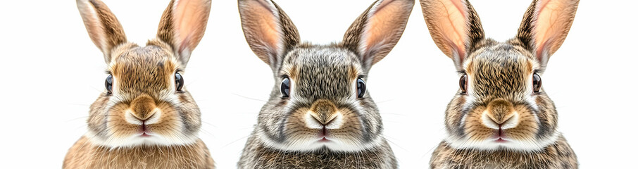 Wall Mural - Three Cute Rabbits with Long Ears Looking at Camera Isolated on White Background