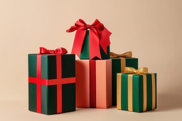 Poster - Colorful minimalist gift boxes with geometric designs feature bright ribbons, adding festive charm to a holiday-themed display. Generative AI