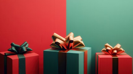 Aufkleber - Vibrant geometric gift boxes decorated with colorful ribbons and bows create a modern take on Christmas presents, enhancing holiday cheer. Generative AI
