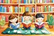 © Newstep - Three children enjoy reading books on a cozy rug in a colorful library, surrounded by shelves and plants, fostering a love for reading.