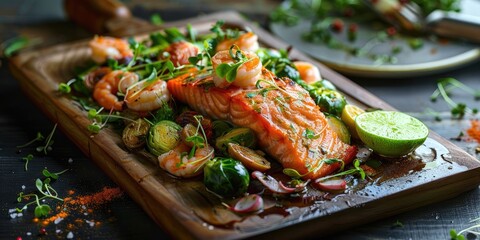 Wall Mural - Salmon and Shrimp with Greens Brussels Sprouts Lime and Vegetables in Rustic Style