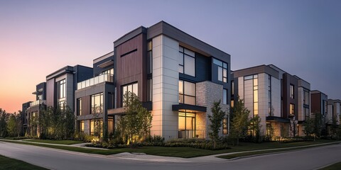 modern architecture, contemporary townhouse, sleek design, large windows, twilight, evening lighting, minimalism, urban living, elegant facade, clean lines, landscaped surroundings, exterior view, lux