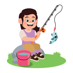 Poster - happy girl fishing cartoon character