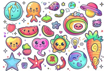 Wall Mural - Colorful assortment of cartoon fruits and vegetables on a white background, perfect for illustrations and design