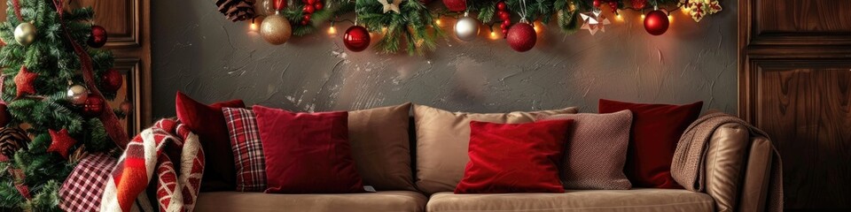 Sticker - Cozy interior featuring a sofa decorated with festive cushions and a garland.