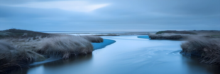 Serene Convergence: The Harmonious Flow of River to Sea in a Tranquil Coastal Landscape